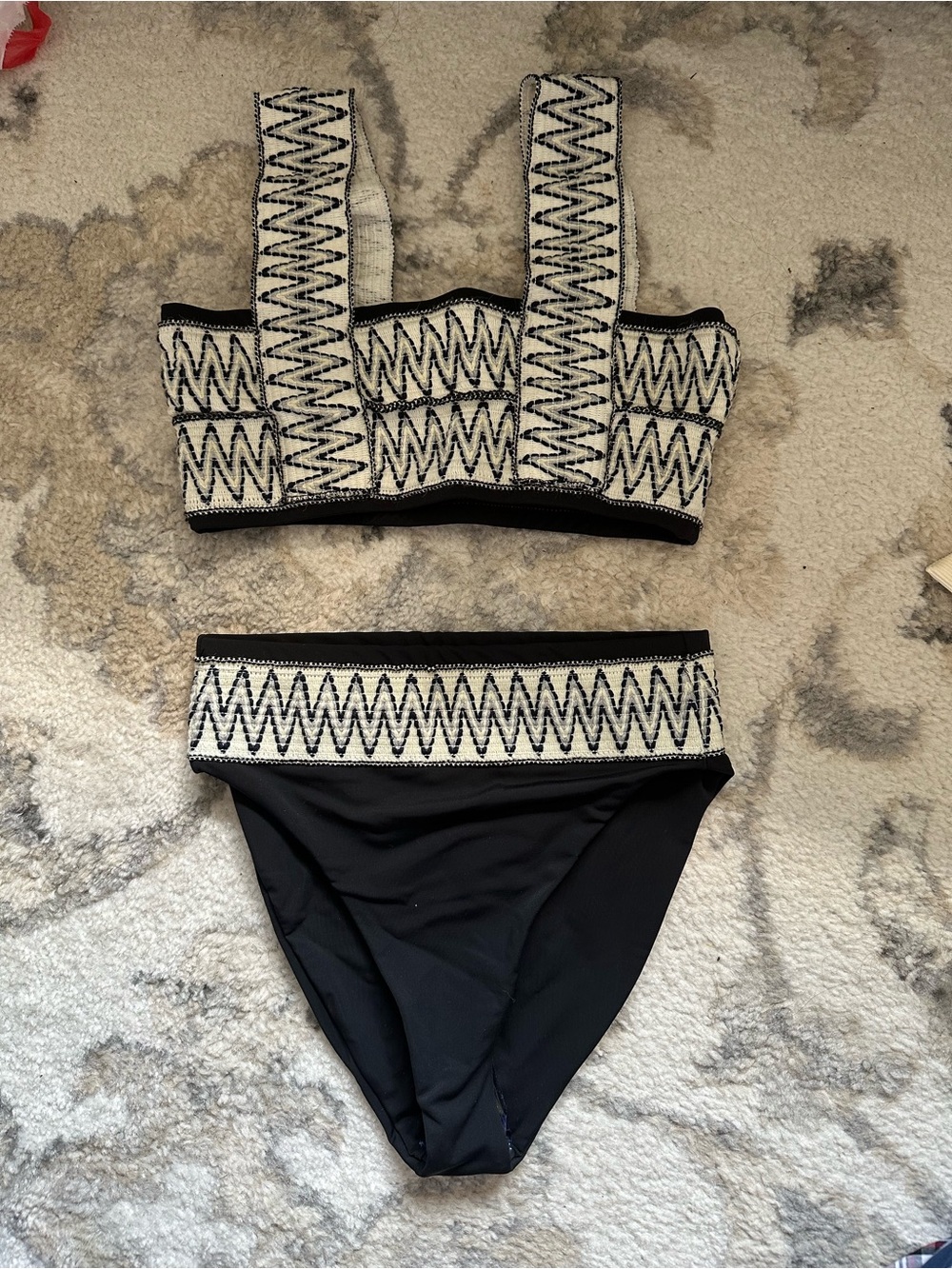 High-Waist Black Bikini Set with Ivory Zigzag Trim